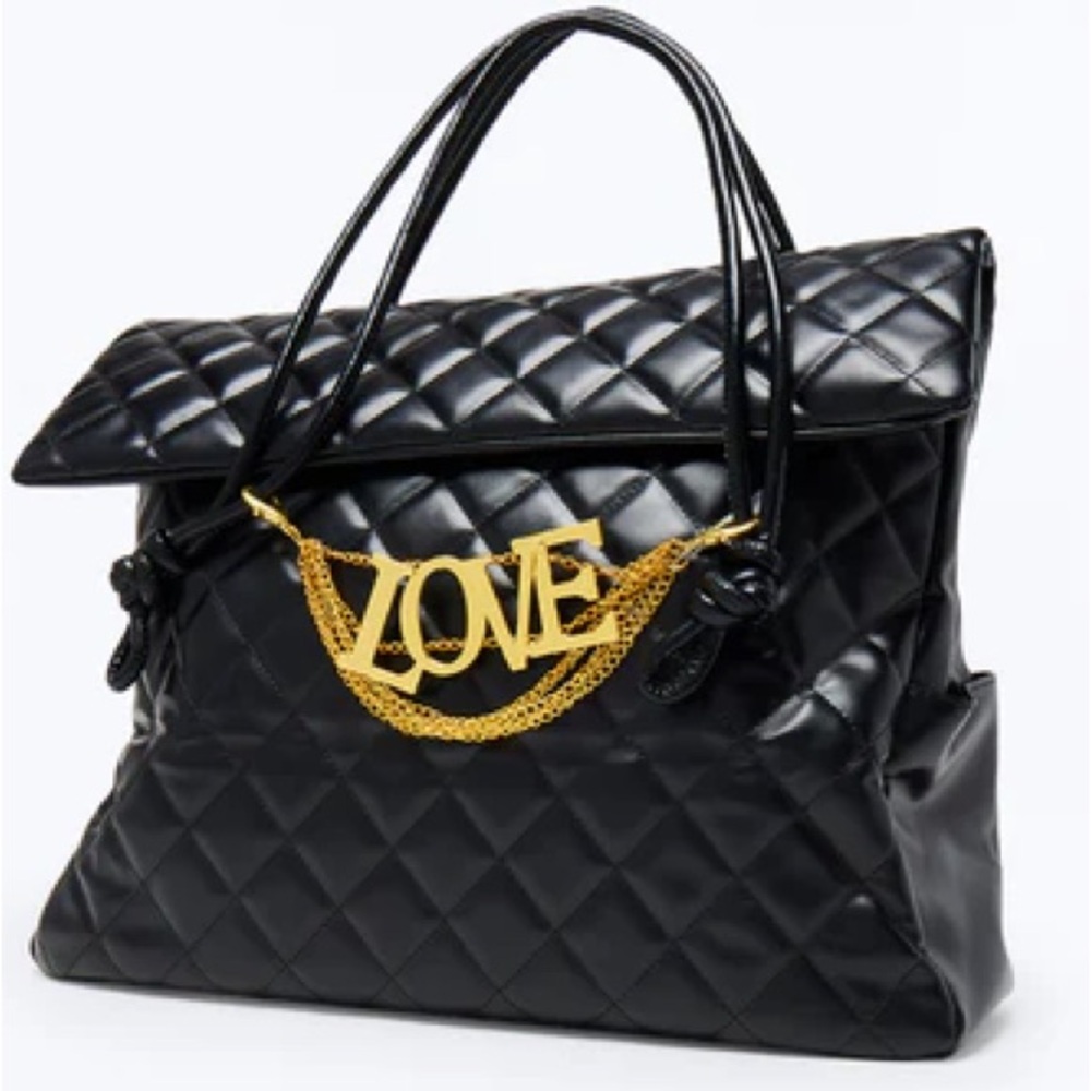•In My Feelings• Quilted Luxe Black Tote Bag with Gold LOVE Chain Charm - Picture 3 of 3